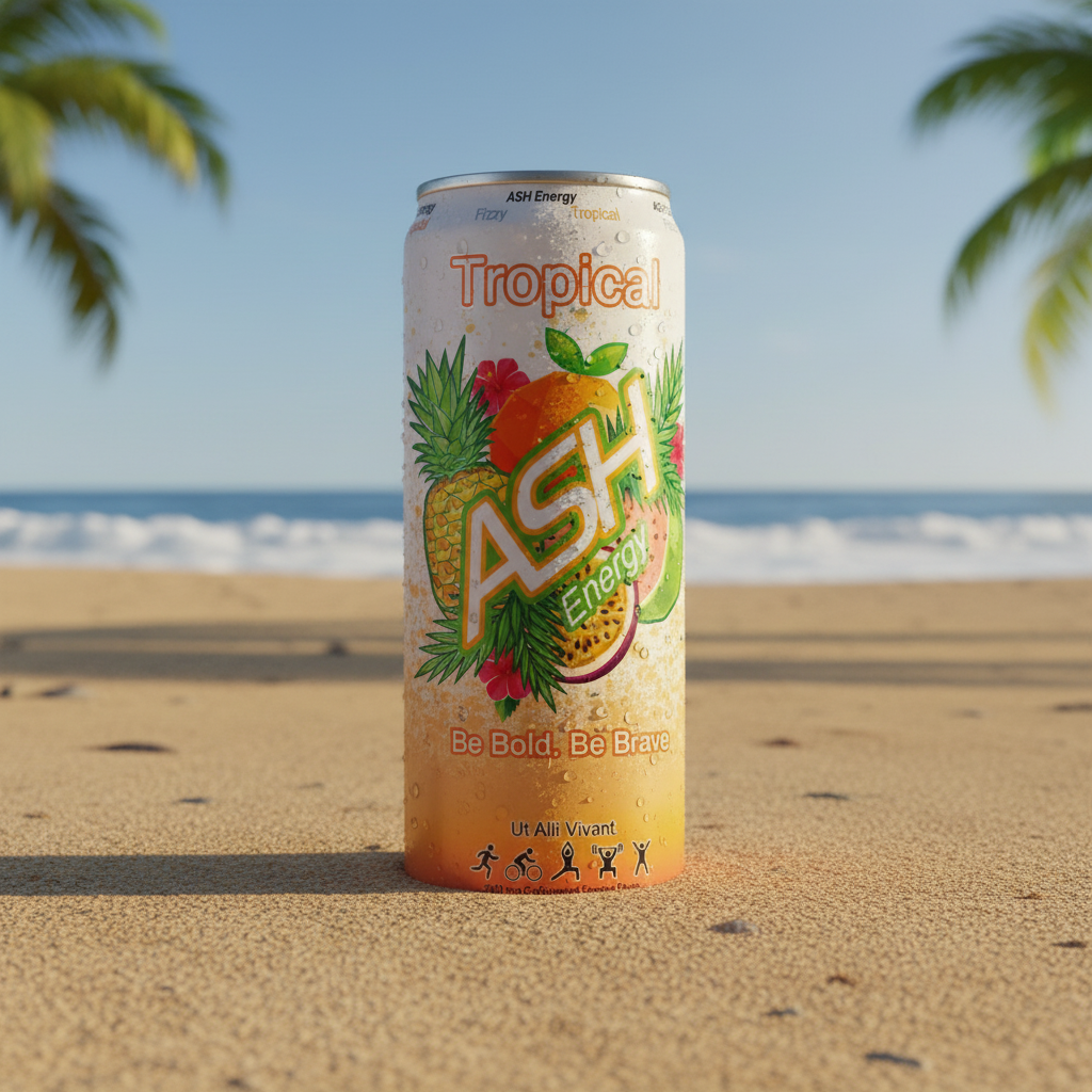 A can of ASH Energy Tropical drink floating over a tropical beach scene with palm trees, ocean, sand, and fruit slices including pineapple, watermelon, mango, guava, and passion fruit.